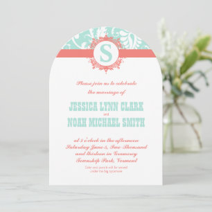 Mint and Peach Monogram Damask Wedding Invitations