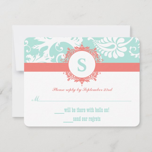 Mint and Peach Monogram Damask Wedding Invitations (Front)