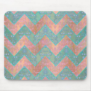 Mint and Peachy Pink Floral Damask Chevron Mouse Pad
