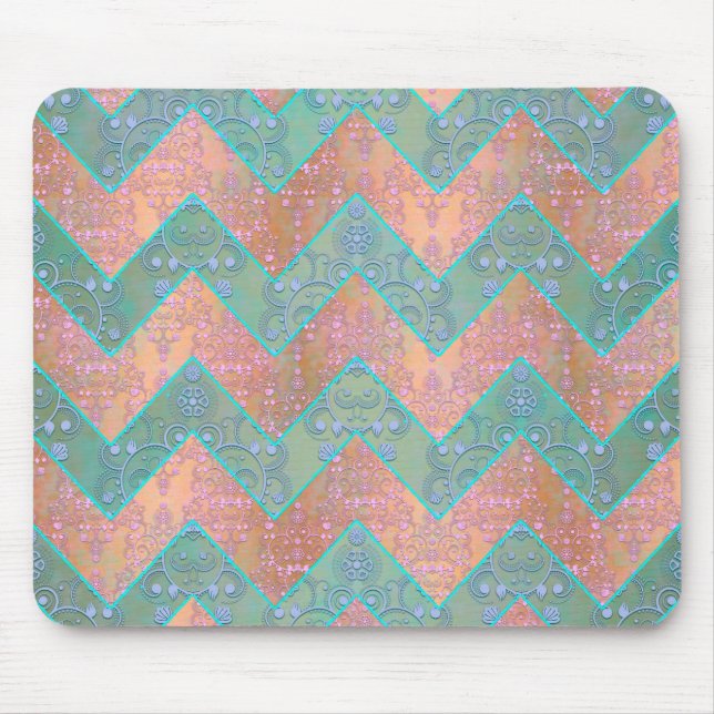 Mint and Peachy Pink Floral Damask Chevron Mouse Pad (Front)