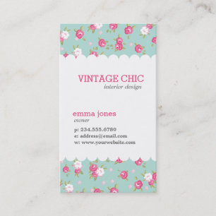 Mint and Pink Chic Vintage Floral Print Business Card