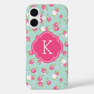 Mint and Pink Chic Vintage Floral Print Monogram iPhone 16 Case