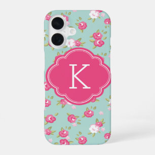 Mint and Pink Chic Vintage Floral Print Monogram iPhone 16 Case