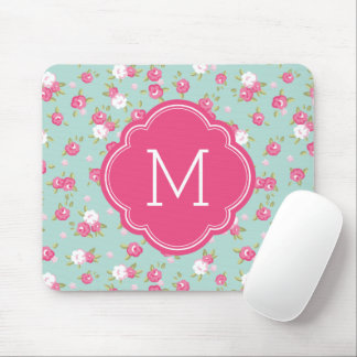 Mint and Pink Chic Vintage Floral Print Monogram Mouse Pad