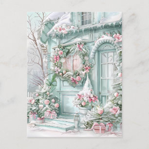 Mint and Pink Christmas House Postcard