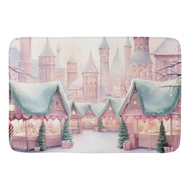 Mint and Pink Cosy Christmas Market - Winter Scene Bath Mat (Front)