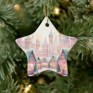 Mint and Pink Cosy Christmas Market - Winter Scene Ceramic Tree Decoration