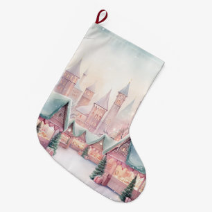 Mint and Pink Cosy Christmas Market - Winter Scene Large Christmas Stocking
