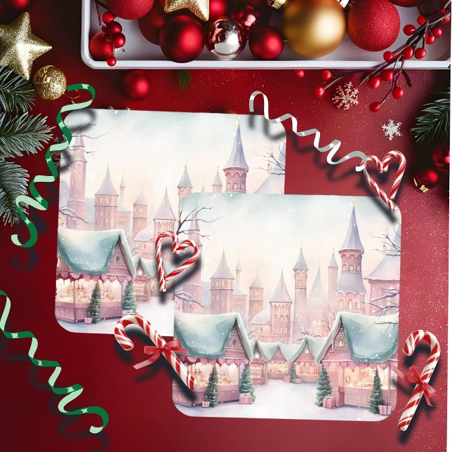 Mint and Pink Cosy Christmas Market - Winter Scene Square Paper Coaster (Creator Uploaded)