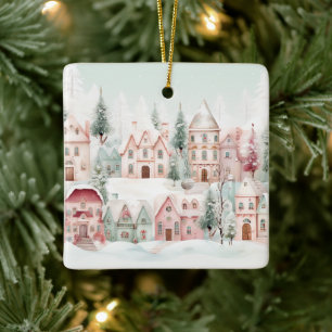 Mint and Pink Cosy Watercolor Winter Scene Ceramic Ornament