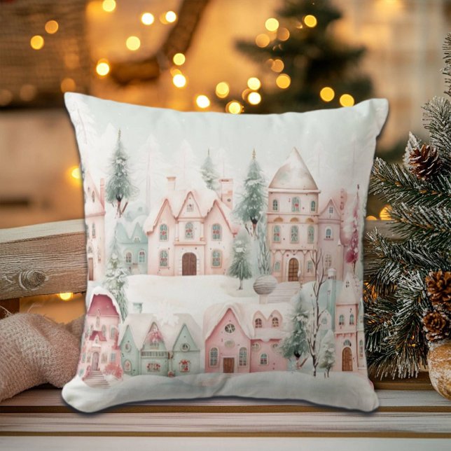 Mint and Pink Cosy Watercolor Winter Scene Cushion (Creator Uploaded)