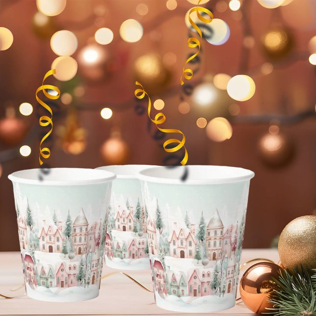 Mint and Pink Cosy Watercolor Winter Scene Paper Cups (Creator Uploaded)