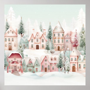 Mint and Pink Cosy Watercolor Winter Scene Poster