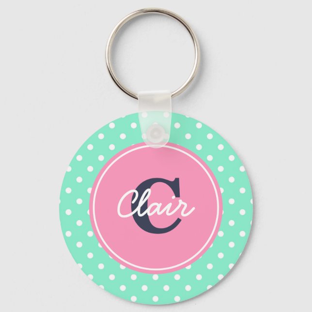 Mint and Pink Dots, Initial, and Name Key Ring (Front)
