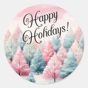 Mint and Pink Fir Trees Winter Scene Classic Round Sticker