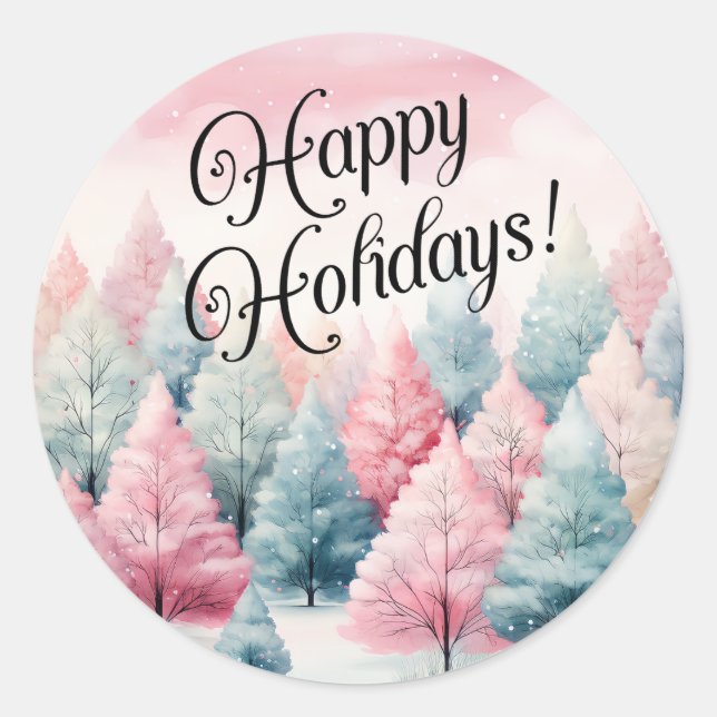 Mint and Pink Fir Trees Winter Scene Classic Round Sticker (Front)