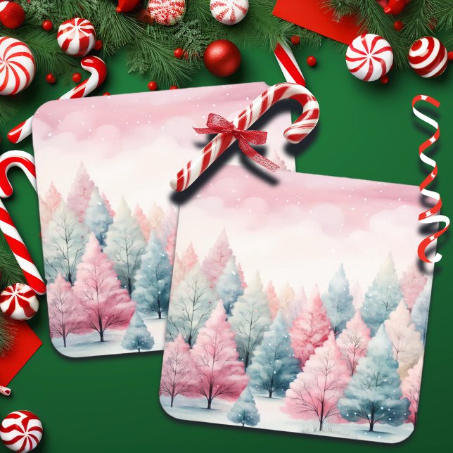 Mint and Pink Fir Trees Winter Scene Coaster (Creator Uploaded)