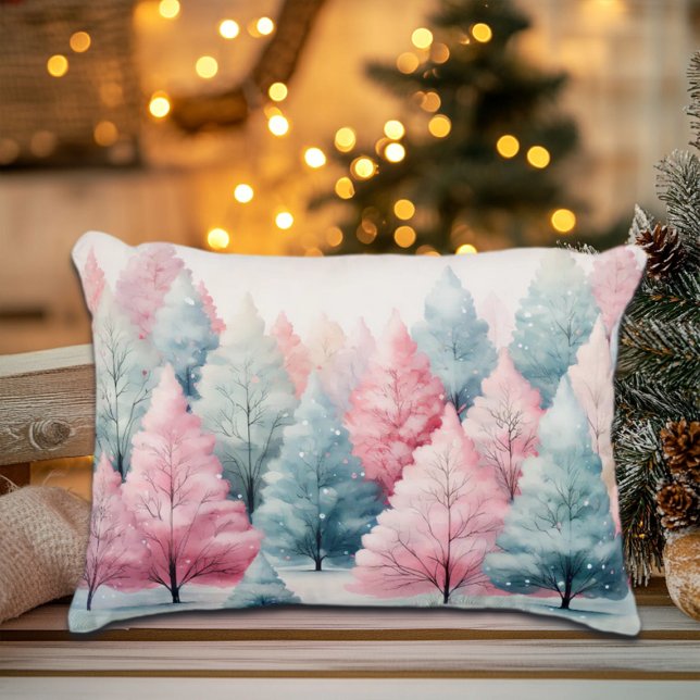 Mint and Pink Fir Trees Winter Scene Decorative Cushion (Creator Uploaded)