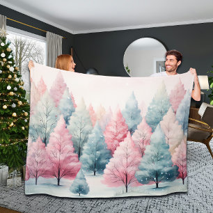 Mint and Pink Fir Trees Winter Scene Fleece Blanket