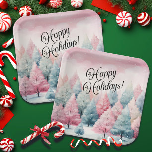 Mint and Pink Fir Trees Winter Scene Paper Plate