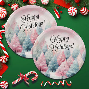 Mint and Pink Fir Trees Winter Scene Paper Plate