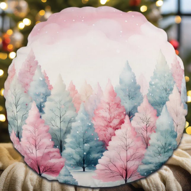 Mint and Pink Fir Trees Winter Scene Round Cushion (Creator Uploaded)