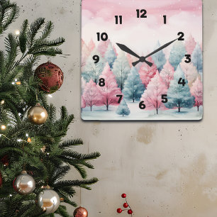 Mint and Pink Fir Trees Winter Scene Square Wall Clock