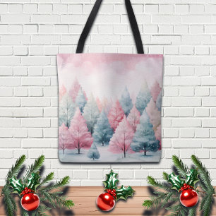 Mint and Pink Fir Trees Winter Scene Tote Bag