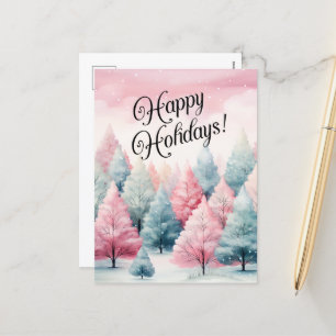 Mint and Pink Fir Trees Winter Scene Winter Holiday Postcard