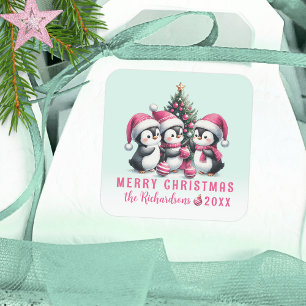 Mint and Pink Funny Penguins Custom Christmas Square Sticker