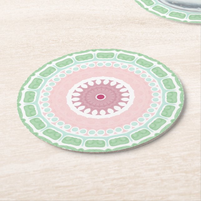 Mint and Pink Geometric Mandala Pattern Round Paper Coaster (Angled)