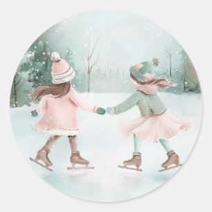 Mint and Pink Girls Skating - Winter Scene Classic Round Sticker