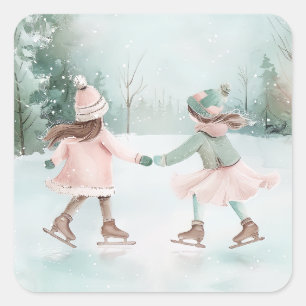 Mint and Pink Girls Skating - Winter Scene Square Sticker