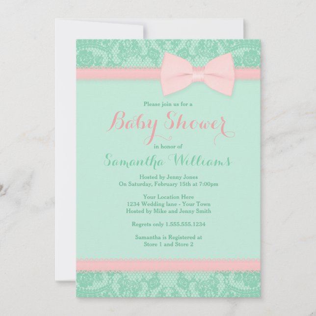 Mint and Pink Lace and Bow Baby Shower Invitation (Front)