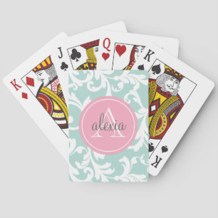 Mint and Pink Monogrammed Damask Print Playing Cards
