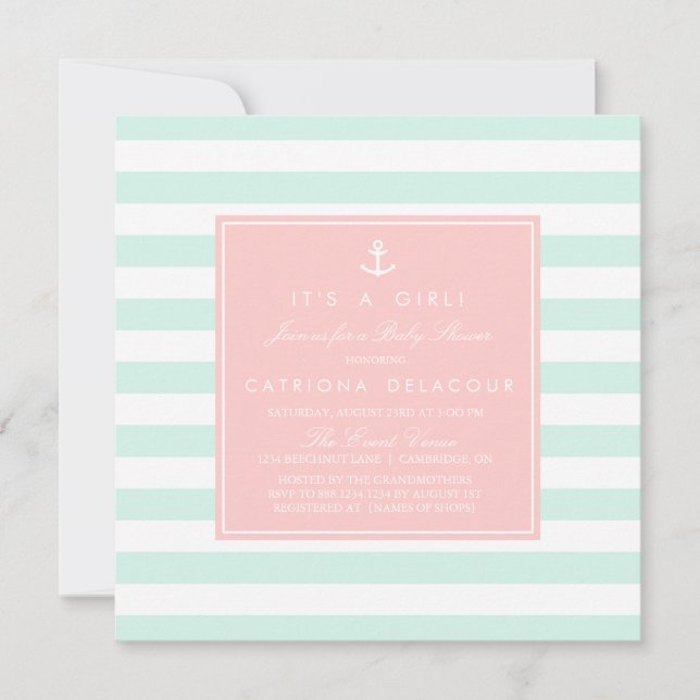 Mint and Pink Nautical Baby Shower Invitation (Front)