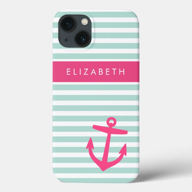 Mint and Pink Nautical Stripes Anchor Monogram Case-Mate iPhone Case (Back)