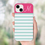 Mint and Pink Preppy Stripes Monogram Case-Mate iPhone 14 Case<br><div class="desc">Cute Modern Girly Trendy Chic Stylish Design with Preppy Horizontal Stripes and Solid Colour Block with Custom Personalised Monogram Initial Letter</div>