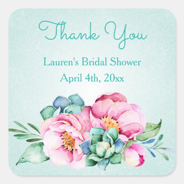 Mint and Pink Watercolor Flower Stickers (Front)