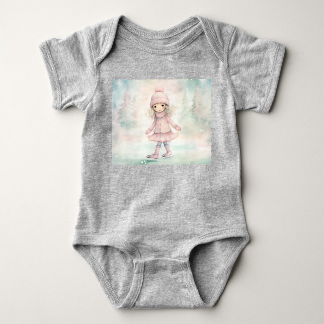 Mint and Pink Winter Scene Girl Skating  Baby Bodysuit (Front)