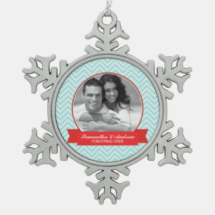 Mint and Red Chevrons Pattern Custom Photo Snowflake Pewter Christmas Ornament