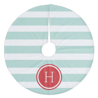 Mint and Red Preppy Stripes Monogram Fleece Tree Skirt