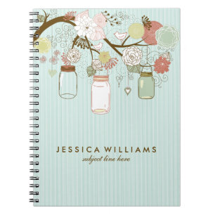 Mint And  Retro Flowers & Mason Jars Spiral Notebook