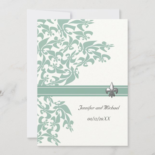 Mint and White Fleur de Lis Design Wedding Invite (Front)