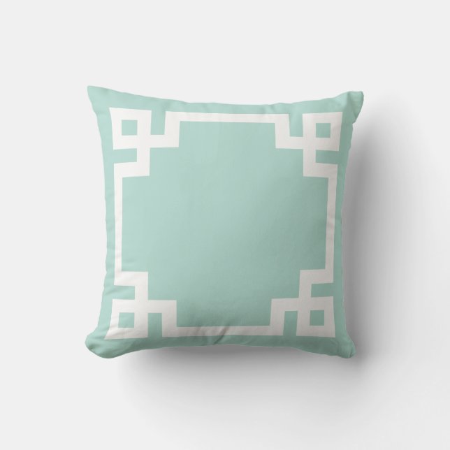 Mint and White Greek Key Border Cushion (Front)