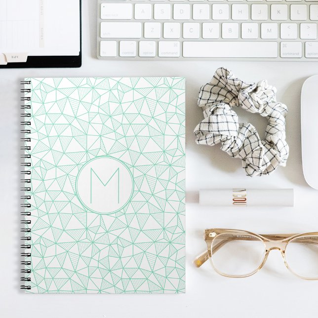 Mint and White Modern Geometric Pattern Monogram Spiral Notebook (Creator Uploaded)