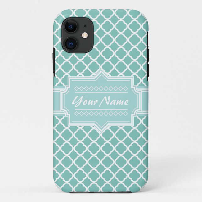 Mint and White Moroccan Quatrefoil Lattice Case-Mate iPhone Case (Back)
