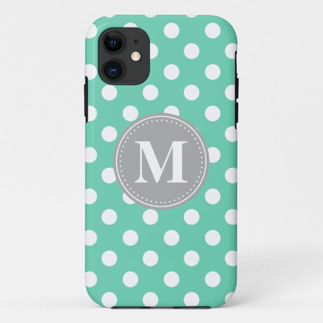 Mint and White Polka Dots Grey Monogram Case-Mate iPhone Case (Back)