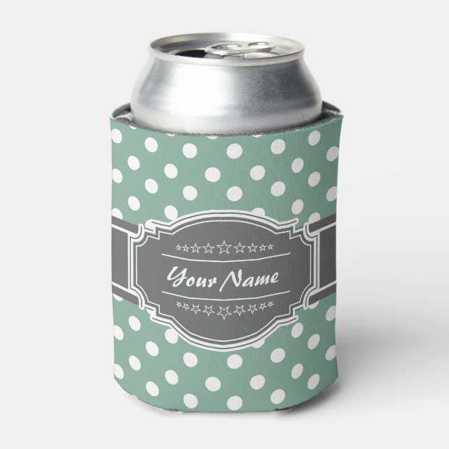 Mint And white polka dots with grey personalised n Can Cooler (Can Front)