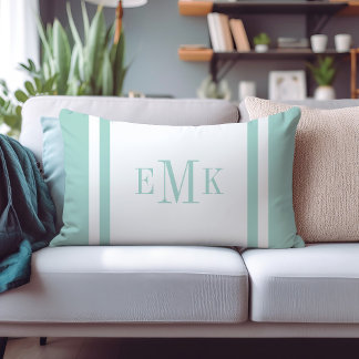 Mint and White Preppy Ribbon Dots Custom Monogram Lumbar Cushion